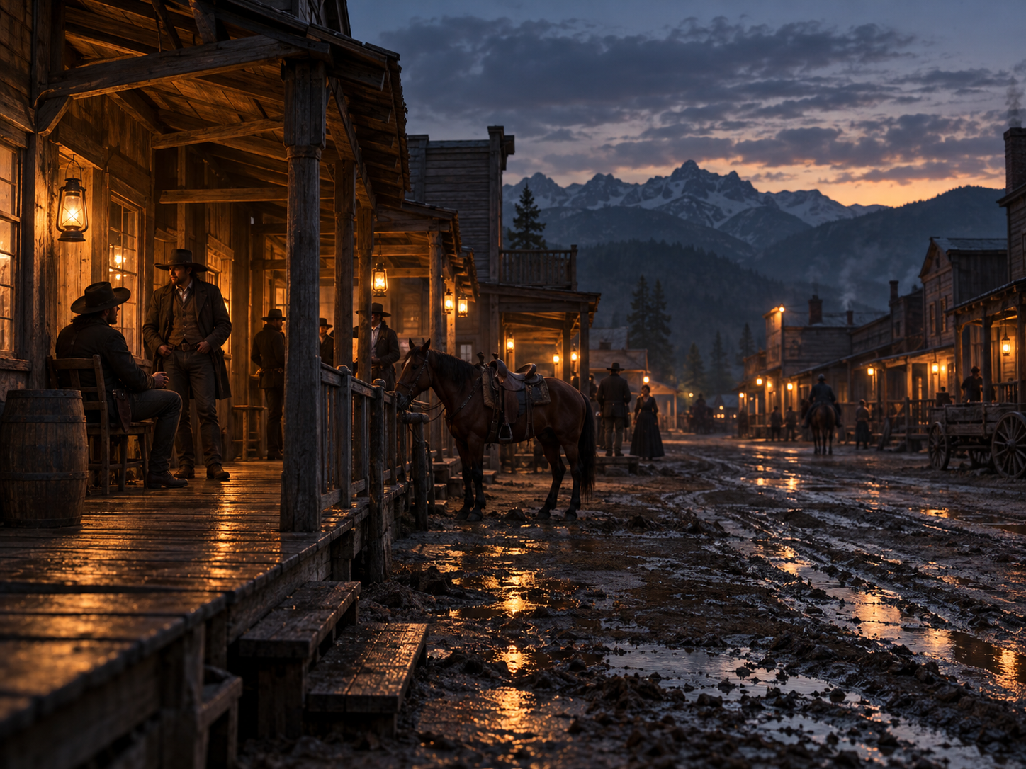 Western frontier town with timber porches and warm lanterns at dusk